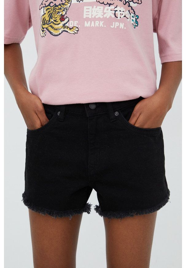 Superdry szorty jeansowe damskie kolor czarny gładkie high waist. Stan: podwyższony. Kolor: czarny. Materiał: jeans. Wzór: gładki