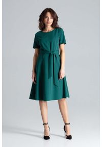 Katrus - Zielona Rozkloszowana Sukienka z Paskiem. Kolor: zielony. Materiał: poliester, wiskoza #1