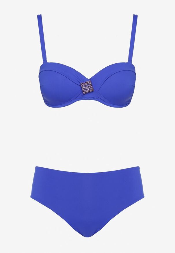 Born2be - Niebieskie Bikini Majtki Typu Figi i Biustonosz z Geometryczną Ozdobą Kinavia. Kolor: niebieski. Wzór: aplikacja, geometria