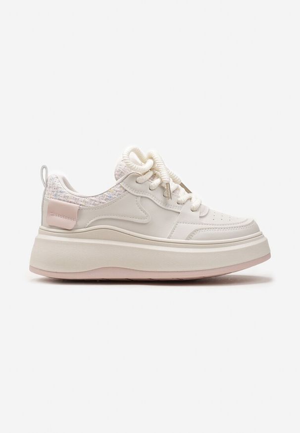 Renee - Beżowo-Różowe Sneakersy na Platformie przed Kostkę z Ozdobnymi Przeszyciami Arsicada. Wysokość cholewki: przed kostkę. Nosek buta: okrągły. Zapięcie: sznurówki. Kolor: beżowy. Obcas: na platformie