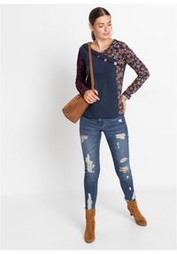 bonprix - Shirt z guzikami. Typ kołnierza: dekolt w serek. Kolor: niebieski. Długość rękawa: długi rękaw. Długość: długie. Wzór: nadruk, kwiaty