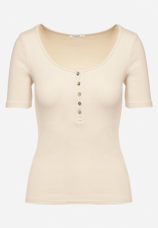 Born2be - Beżowy Prążkowany T-shirt z Bawełny Ozdobiony Guzikami Tasavia. Okazja: na co dzień. Kolor: beżowy. Materiał: bawełna, prążkowany. Wzór: aplikacja. Styl: klasyczny, elegancki, casual