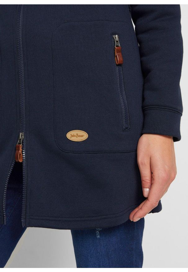 bonprix - Długa bluza rozpinana z kapturem. Typ kołnierza: kaptur. Kolor: niebieski. Długość: długie