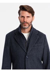 Ombre Clothing - Rozpinany męski płaszcz z wełną – granatowy V1 - Rozmiar: XXL. Kolor: niebieski. Materiał: wełna. Sezon: zima. Styl: elegancki #8