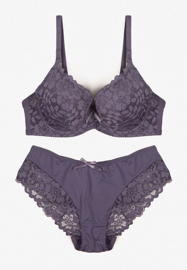 Born2be - Fioletowy Komplet Biustonosz i Majtki Typu Figi Ozdobiony Koronką Ezivane. Kolor: fioletowy. Materiał: koronka. Wzór: aplikacja, koronka