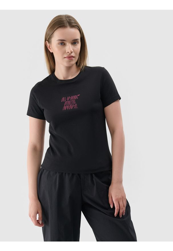 4f - 4F T-shirt slim z nadrukiem damski - czarny S. Okazja: na co dzień. Kolor: czarny. Materiał: dzianina, jersey, materiał. Wzór: nadruk. Styl: casual, klasyczny, sportowy