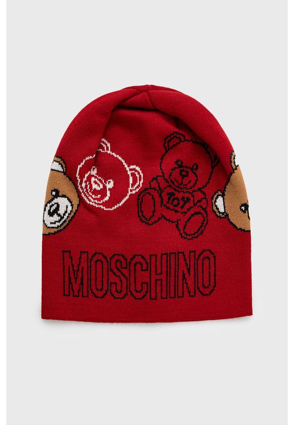 MOSCHINO - Moschino Czapka kolor czerwony z cienkiej dzianiny wełniana. Kolor: czerwony. Materiał: wełna, dzianina