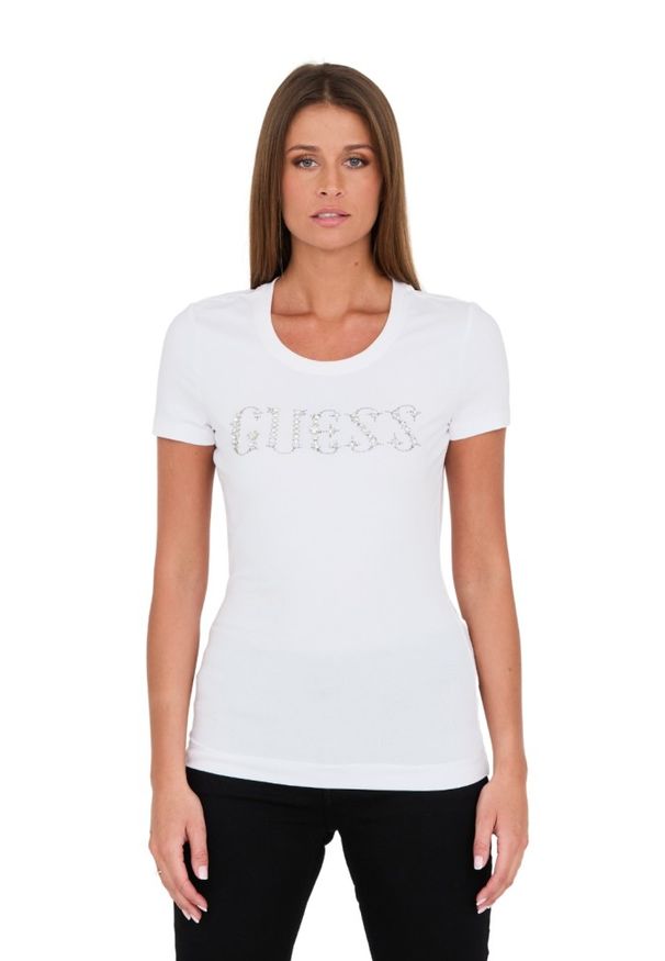 Guess - GUESS Biały damski t-shirt bawełniany Stones Logo Tee, Rozmiar L. Kolor: biały. Materiał: bawełna