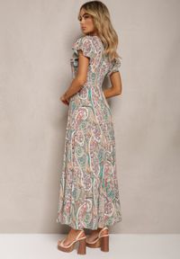 Renee - Zielona Rozkloszowana Sukienka Maxi na Guziki Ozdobiona Etnicznym Wzorem Kleriala. Okazja: na imprezę. Kolor: zielony. Wzór: aplikacja. Sezon: lato. Styl: boho. Długość: maxi #4