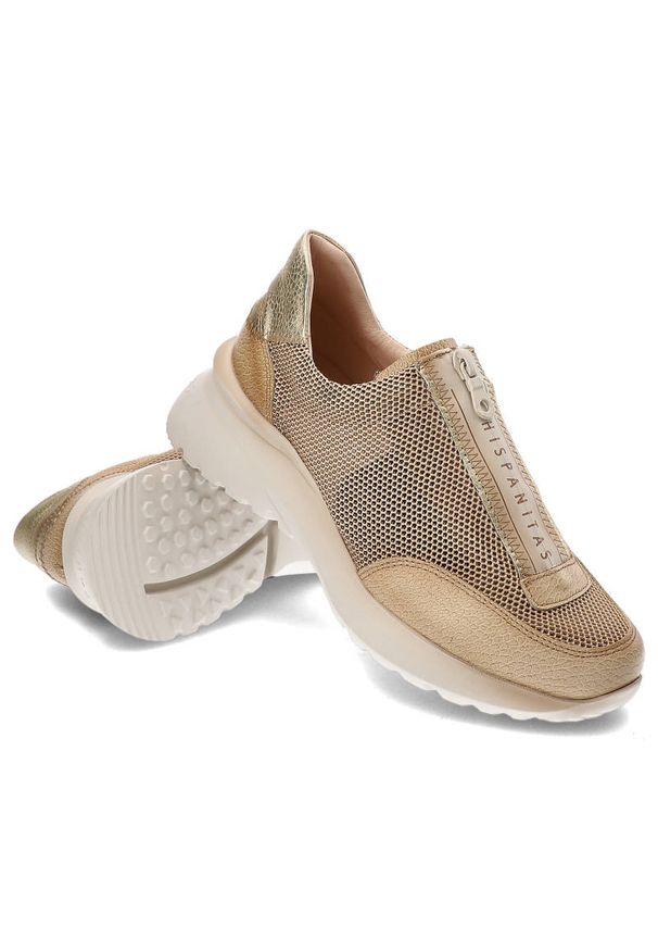 Beżowe Sneakersy Hispanitas Stylowe Obuwie Damskie. Kolor: beżowy. Materiał: materiał, skóra. Szerokość cholewki: normalna. Wzór: ażurowy, aplikacja. Obcas: na obcasie. Styl: elegancki. Wysokość obcasa: średni