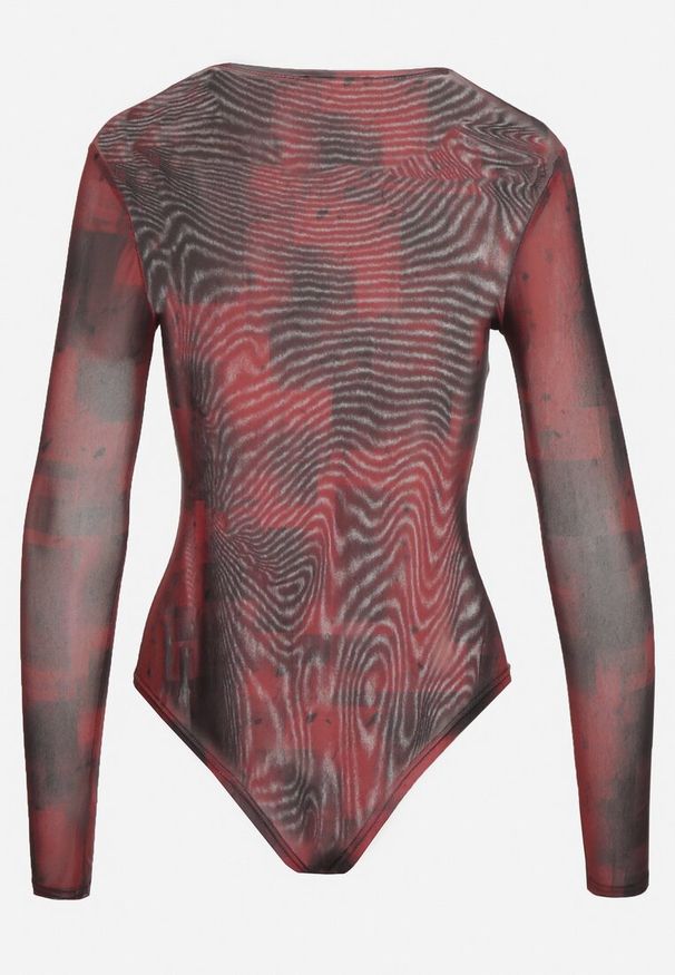Born2be - Bordowe Body Siateczkowe z Delikatnym Printem Hotavia. Okazja: na co dzień. Kolor: czerwony. Materiał: jeans, wiskoza. Długość rękawa: długi rękaw. Długość: długie. Wzór: nadruk. Styl: elegancki, casual