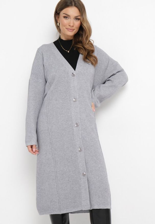 Born2be - Szary Długi Kardigan na Guziki Violattika. Kolor: szary. Materiał: dzianina, tkanina. Długość: długie