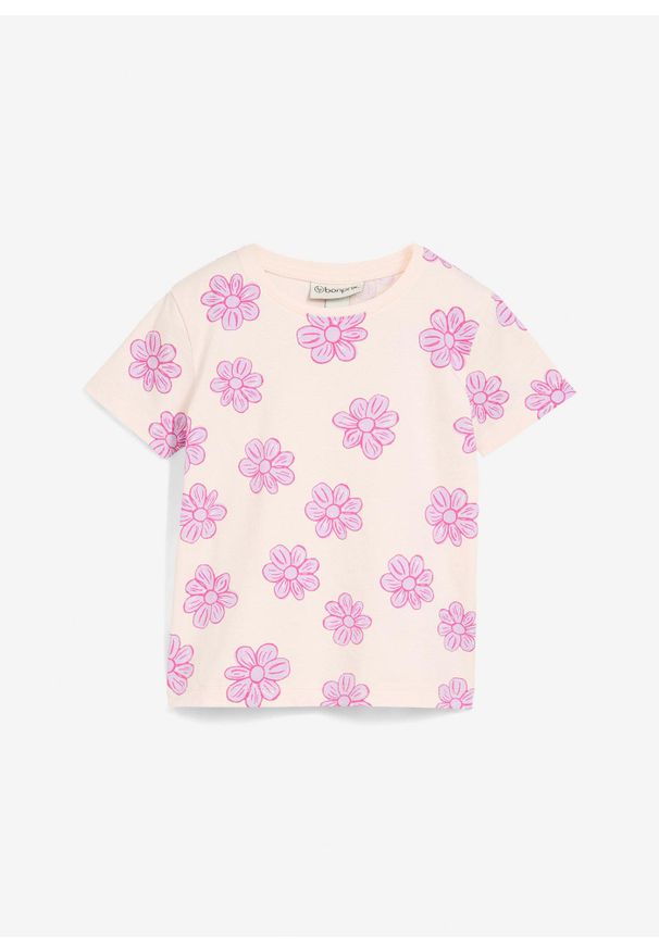 bonprix - T-shrit z elastycznej mieszanki bawełny. Kolor: różowy. Materiał: bawełna. Wzór: kwiaty. Sezon: lato