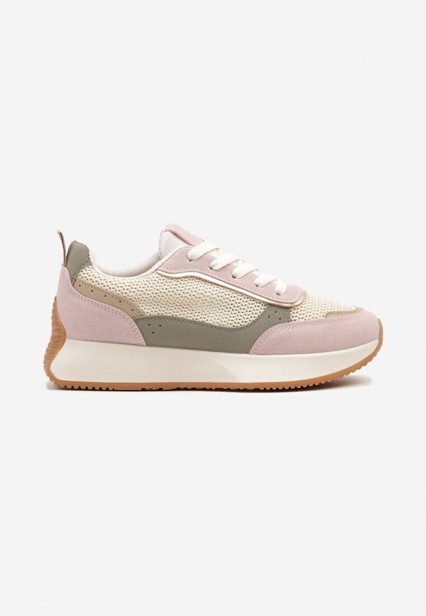 Renee - Różowe Sneakersy Ozdobione Geometrycznym Motywem Calgis. Nosek buta: okrągły. Zapięcie: sznurówki. Kolor: różowy. Materiał: materiał. Wzór: aplikacja, geometria. Obcas: na obcasie. Wysokość obcasa: niski