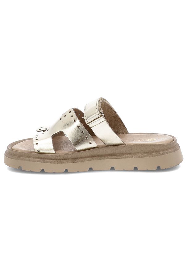 Złote Klapki Armodo Modne Obuwie Damskie. Okazja: na co dzień, na spacer. Kolor: złoty. Materiał: skóra. Sezon: lato. Styl: casual