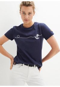 bonprix - T-shirt z haftem. Kolor: niebieski. Materiał: bawełna. Wzór: haft. Styl: klasyczny #1