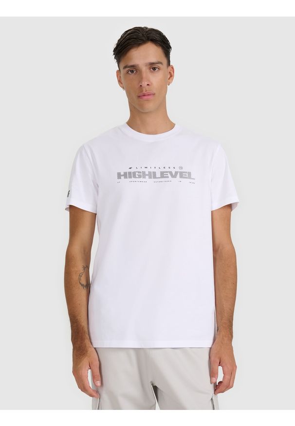 4f - 4F T-shirt regular z nadrukiem męski - biały XXL. Kolor: biały. Materiał: skóra, materiał, bawełna. Wzór: nadruk