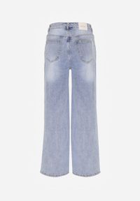 Born2be - Niebieskie Szerokie Jeansy z Wysokim Stanem Zdobione Przetarciami i Dziurami Brizeth. Okazja: na co dzień. Stan: podwyższony. Kolor: niebieski. Wzór: aplikacja. Styl: casual #8