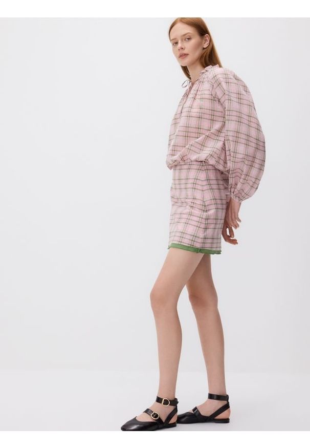 Reserved - Spódnica mini w kratę - pastelowy róż. Kolor: różowy. Materiał: bawełna