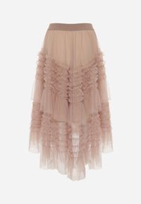 Born2be - Ciemnobeżowa Rozkloszowana Spódnica z Falbankami Warda. Kolor: beżowy. Wzór: aplikacja #3