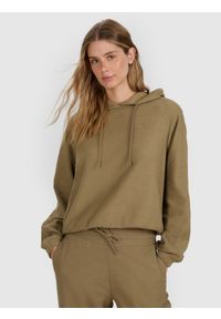 4f - 4F Bluza dresowa nierozpinana z kapturem damska - beżowa L. Okazja: na co dzień. Typ kołnierza: kaptur. Kolor: beżowy. Materiał: dresówka. Długość rękawa: raglanowy rękaw. Długość: krótkie. Styl: klasyczny, sportowy, casual