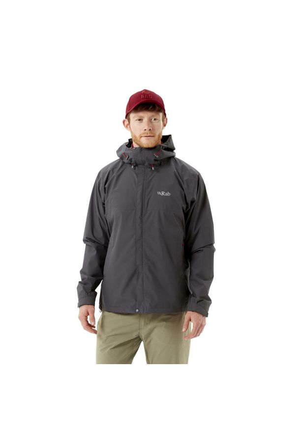 Kurtka przeciwdeszczowa męska Rab Downpour Eco Jacket z kapturem. Typ kołnierza: kaptur. Kolor: szary