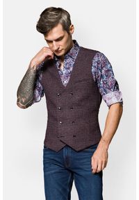 Lancerto - Kamizelka Bordowo-Granatowa z Wełną i Bawełną w Pepitę Isola. Kolor: czerwony. Materiał: bawełna, wełna, poliester #1