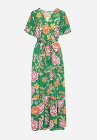 Born2be - Zielona Sukienka Maxi z Gumką w Talii z Szerokimi Rękawami i Kwiatowym Printem Nodriala. Okazja: na imprezę. Kolor: zielony. Wzór: nadruk, kwiaty. Sezon: lato. Długość: maxi #6