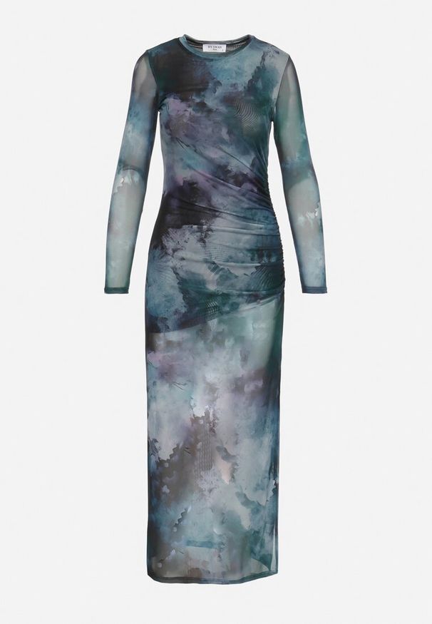 Born2be - Zielona Sukienka o Dopasowanym Fasonie Bodycon z Rozcięciem i Marmurkowym Wzorem Urientia. Kolor: zielony. Długość rękawa: długi rękaw. Typ sukienki: bodycon. Styl: elegancki