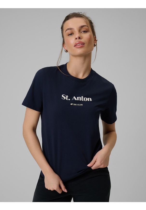 4f - 4F T-shirt loose z nadrukiem damski - granatowy XS. Okazja: na co dzień. Kolor: niebieski. Materiał: materiał, bawełna, dzianina. Wzór: nadruk. Styl: casual