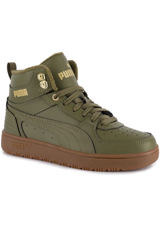 Puma - Buty wysokie ocieplane zimowe skórzane oliwkowe PUMA Rebound Rugged Jr. Kolor: zielony. Materiał: skóra. Sezon: zima. Sport: turystyka piesza