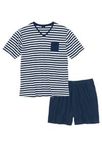 Piżama z krótkimi spodenkami bonprix ciemnoniebiesko-biały w paski. Kolor: niebieski. Długość: krótkie. Wzór: paski #1
