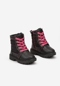 Born2be - Czarno-Różowe Botki Workery z Futrzaną Wyściółką i Dodatkowymi Sznurówkami Polsemi. Okazja: na co dzień. Kolor: czarny. Materiał: futro. Szerokość cholewki: normalna. Styl: casual, elegancki #3