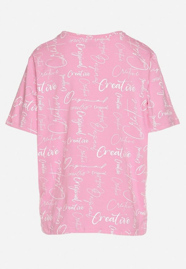 Born2be - Różowy T-shirt Oversize z Bawełny Zdobiony Nadrukiem Sinelra. Okazja: na co dzień. Kolor: różowy. Materiał: bawełna. Wzór: nadruk, aplikacja. Styl: elegancki, klasyczny, casual