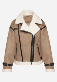 Born2be - Ciemnobeżowa Kurtka Ramoneska Biker z Futerkiem i Paskami z Klamrami Mandrie. Okazja: na co dzień, na spacer. Kolor: beżowy. Materiał: futro. Wzór: aplikacja. Styl: klasyczny, casual, elegancki #4