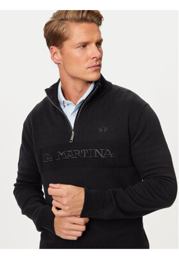 La Martina Sweter ZMS315 YW120 Czarny Regular Fit. Kolor: czarny. Materiał: bawełna, wełna
