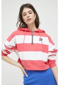 Tommy Jeans bluza bawełniana damska kolor różowy z kapturem wzorzysta. Typ kołnierza: kaptur. Kolor: różowy. Materiał: bawełna. Długość: krótkie. Wzór: aplikacja #5