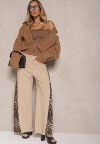 Renee - Beżowe Jeansy z Bawełny High Waist ze Wzorem Panterki Velliane. Okazja: na co dzień. Stan: podwyższony. Kolor: beżowy. Wzór: motyw zwierzęcy. Styl: casual #4