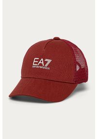 EA7 Emporio Armani - Czapka. Kolor: czerwony. Materiał: tkanina, bawełna, poliester, materiał. Wzór: gładki #1