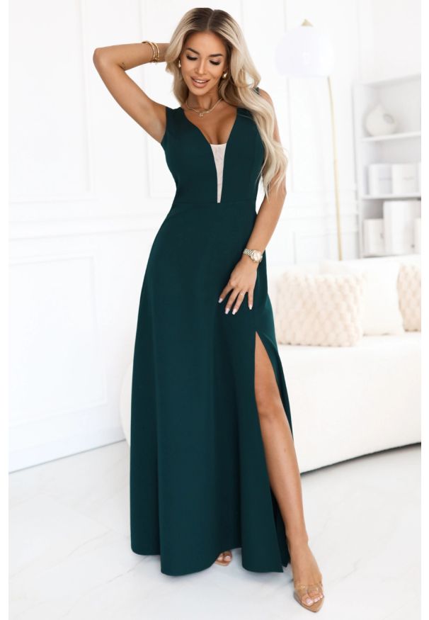 Numoco - Długa sukienka wieczorowa rozkloszowana butelkowa zieleń. Okazja: na studniówkę, na ślub cywilny, na wesele, na imprezę. Styl: wizytowy. Długość: maxi