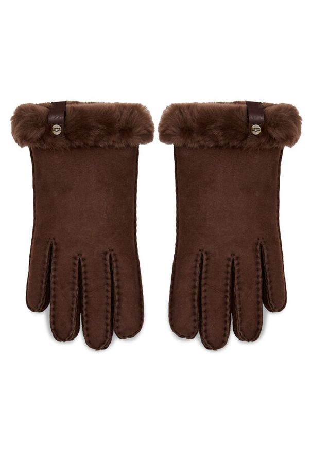 Ugg Rękawiczki Damskie W Shorty Glove W Leather Trim 17367 Brązowy. Kolor: brązowy. Materiał: zamsz, skóra