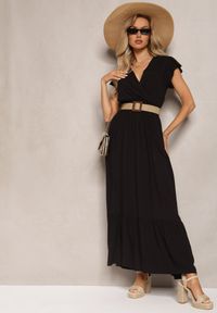 Renee - Czarna Rozkloszowana Sukienka Maxi z Bawełny o Kopertowym Kroju Asmerie. Kolor: czarny. Materiał: bawełna. Sezon: lato. Typ sukienki: kopertowe. Długość: maxi #4