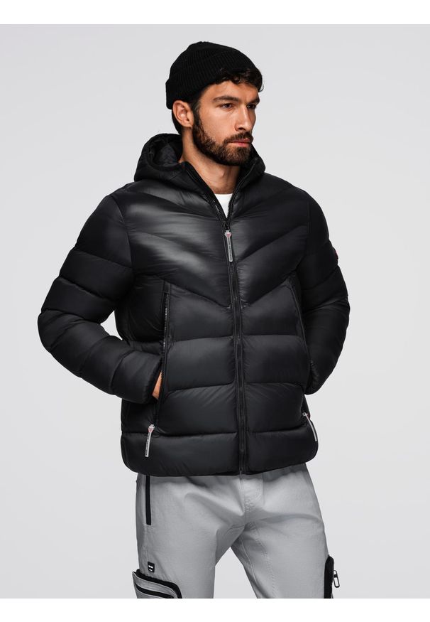 Ombre Clothing - Nowoczesna pikowana kurtka męska z łączonych materiałów – czarna V1. Typ kołnierza: kołnierzyk stójkowy. Kolor: czarny. Materiał: materiał. Długość: długie