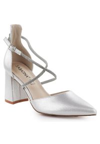 Sandały damskie na słupku z cyrkoniami srebrne Sabatina 750-1. Kolor: srebrny. Materiał: skóra ekologiczna. Obcas: na słupku #1
