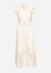 Born2be - Beżowa Sukienka Ażurowa o Koszulowym Kroju z Paskiem z Ekoskóry Trija. Okazja: na imprezę, na co dzień. Kolor: beżowy. Wzór: ażurowy. Typ sukienki: koszulowe. Styl: casual, elegancki #6