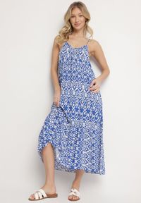 Born2be - Niebieska Sukienka z Bawełny z Geometrycznym Motywem Koladiela. Okazja: na spacer. Kolor: niebieski. Materiał: bawełna. Długość rękawa: na ramiączkach. Wzór: geometria. Sezon: lato #1