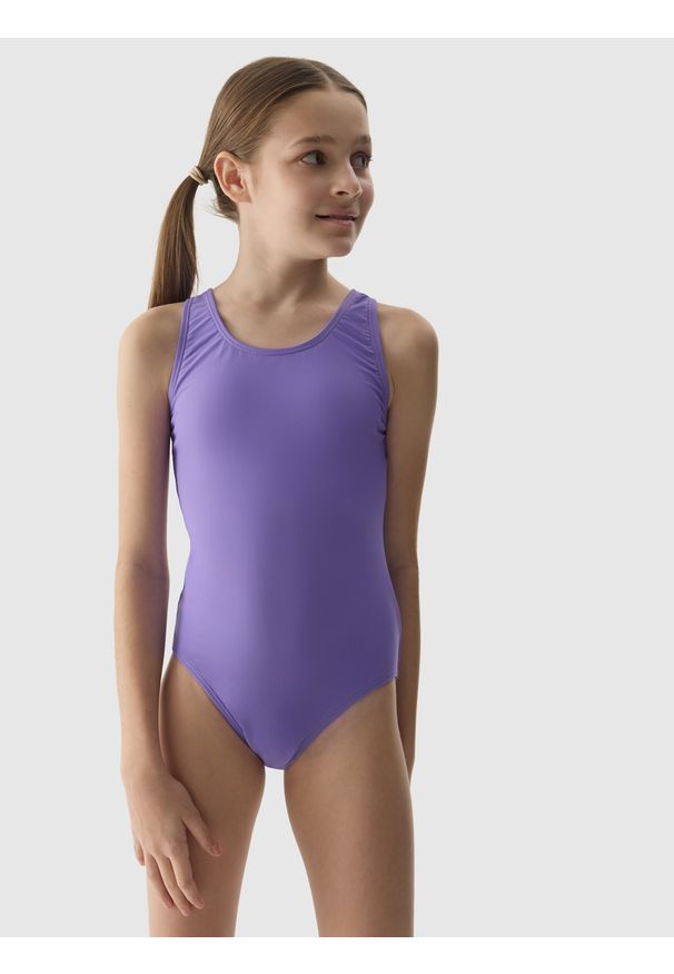 4f - Kostium kąpielowy jednoczęściowy dziewczęcy - fioletowy. Kolor: fioletowy. Materiał: włókno, elastan, materiał, syntetyk. Wzór: jednolity