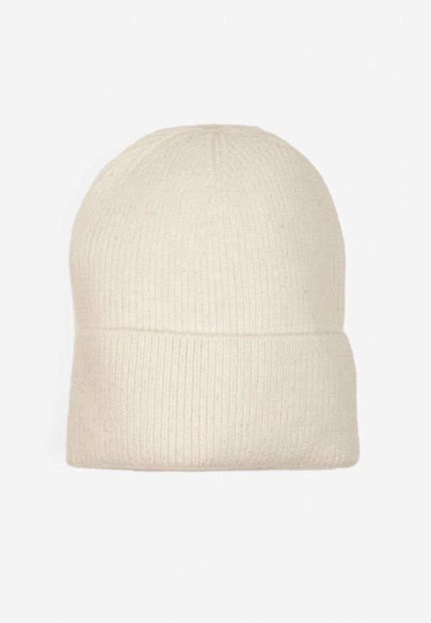 Born2be - Jasnobeżowa Czapka Ozdobiona Wywinięciem i Metaliczną Nicią Temirina. Kolor: beżowy. Wzór: aplikacja. Styl: casual, elegancki