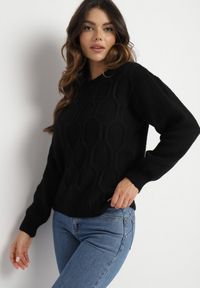 Born2be - Czarny Sweter z Wełną Ozdobiony Splotem i Ściągaczami Terevella. Okazja: na co dzień. Kolor: czarny. Materiał: wełna. Długość rękawa: długi rękaw. Długość: długie. Wzór: aplikacja, ze splotem. Styl: casual, elegancki