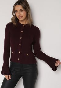Born2be - Bordowy Kardigan z Wiskozą Ozdobiony Rozszerzanymi Rękawami i Guzikami Tiolenda. Okazja: na co dzień. Kolor: czerwony. Materiał: wiskoza. Wzór: aplikacja. Styl: casual, elegancki #3